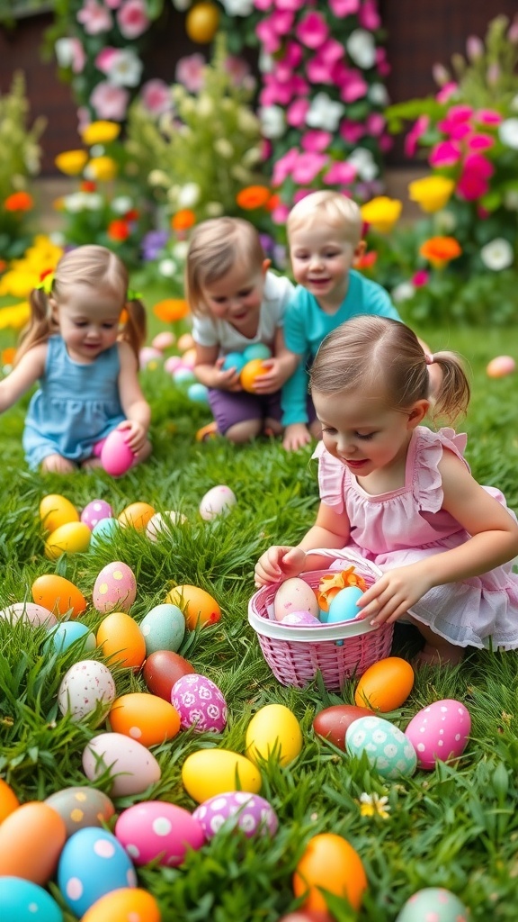 Children searching for colorful Easter eggs in a garden during an egg hunt.